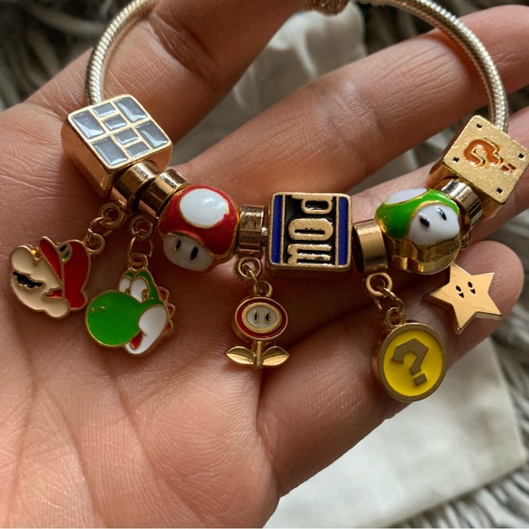 Pandora Rose Gold Pave Heart Clasp Bracelet w/ Super Mario Bros. Themed Charms. - Picture 12 of 14